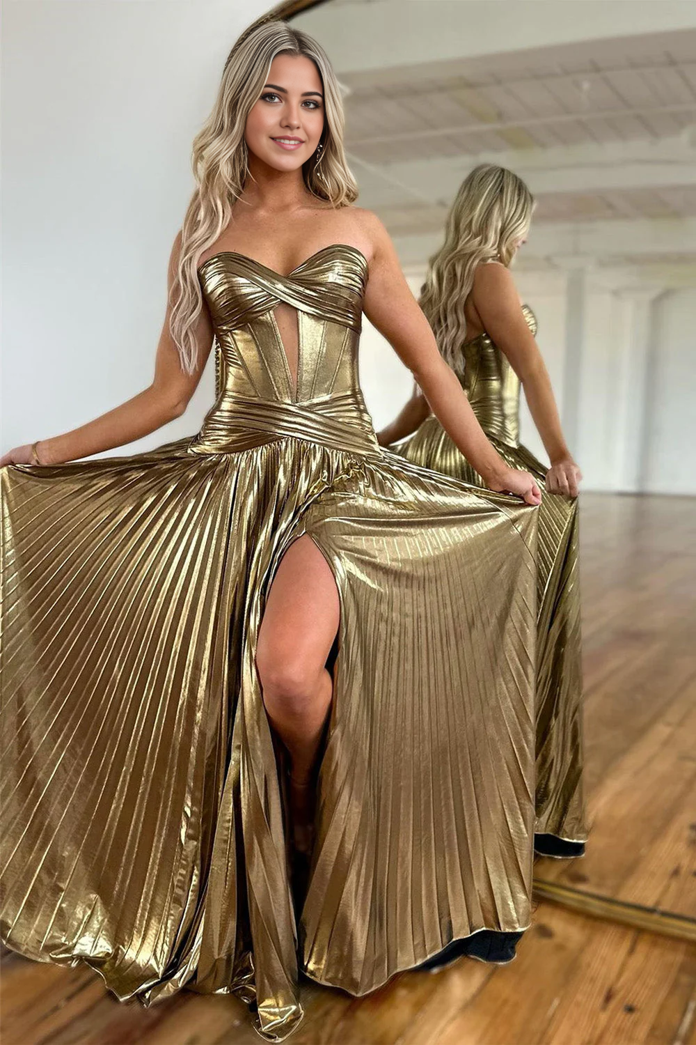 A-Line Sweetheart Sparkly Silver Long formal dresses evening dress Prom Dresses With Slit